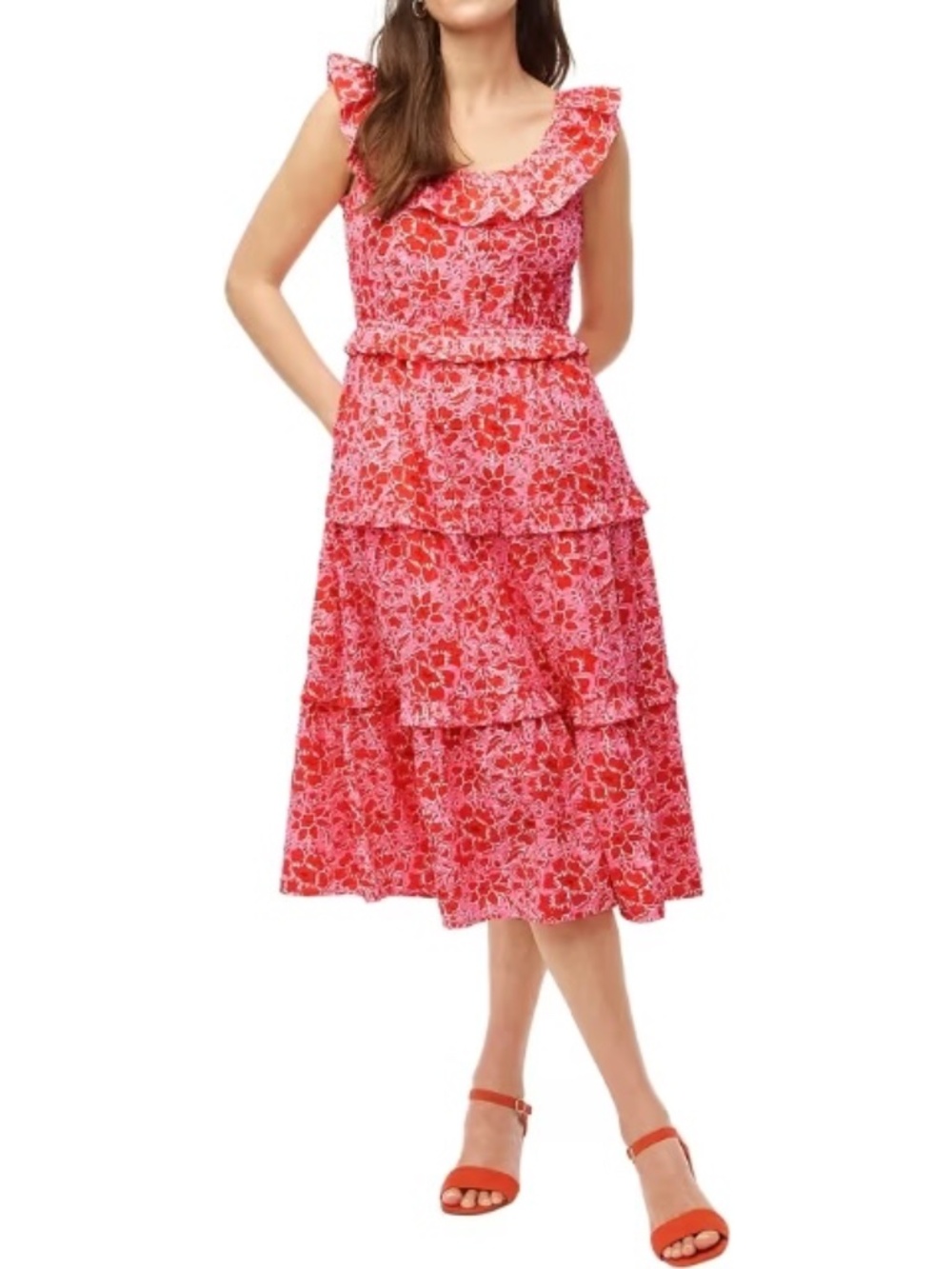 J. CREW Floral Printed Ruffle Tiered Midi Dress Size 8 Red Pink Pockets Cotton